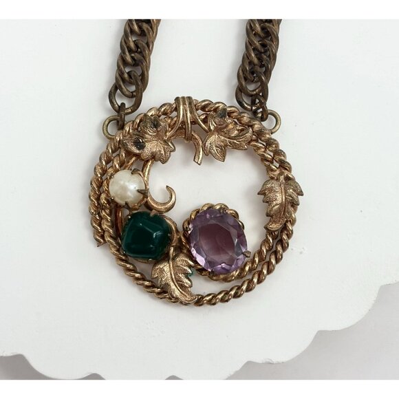 Vintage Jewelry - Gold Toned Floral & Foliage Amethyst Vintage BrutalistPendant Necklace